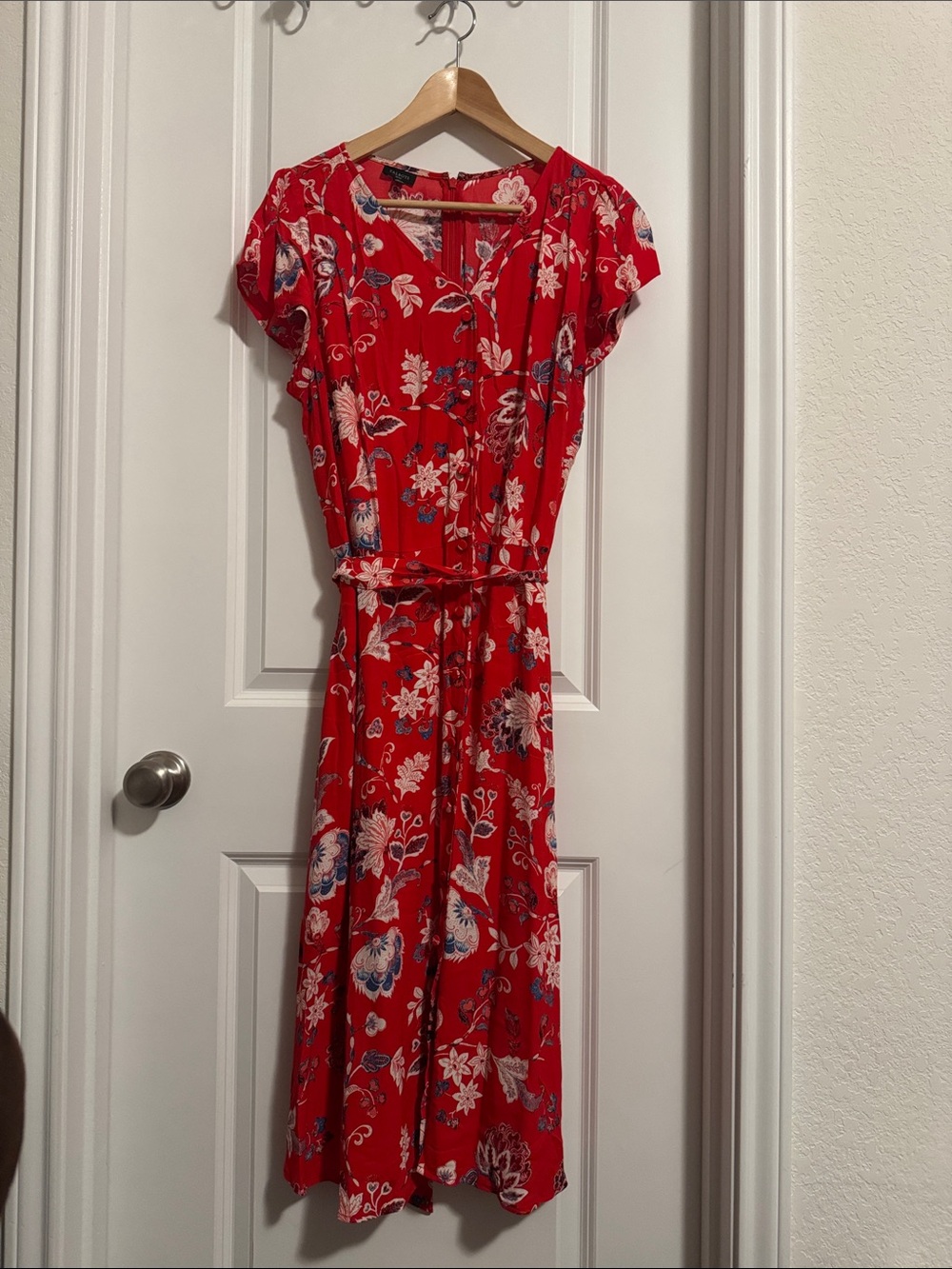 Talbots Red Floral Midi Dress with Tie Waist